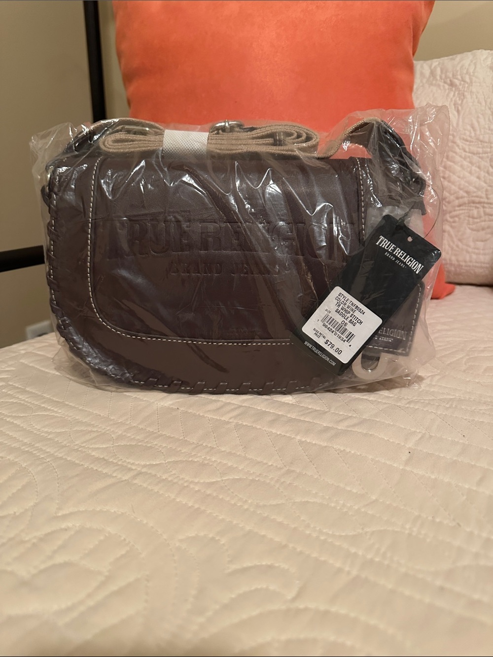 True Religion Brown Leather Messenger Bag with Canvas Strap